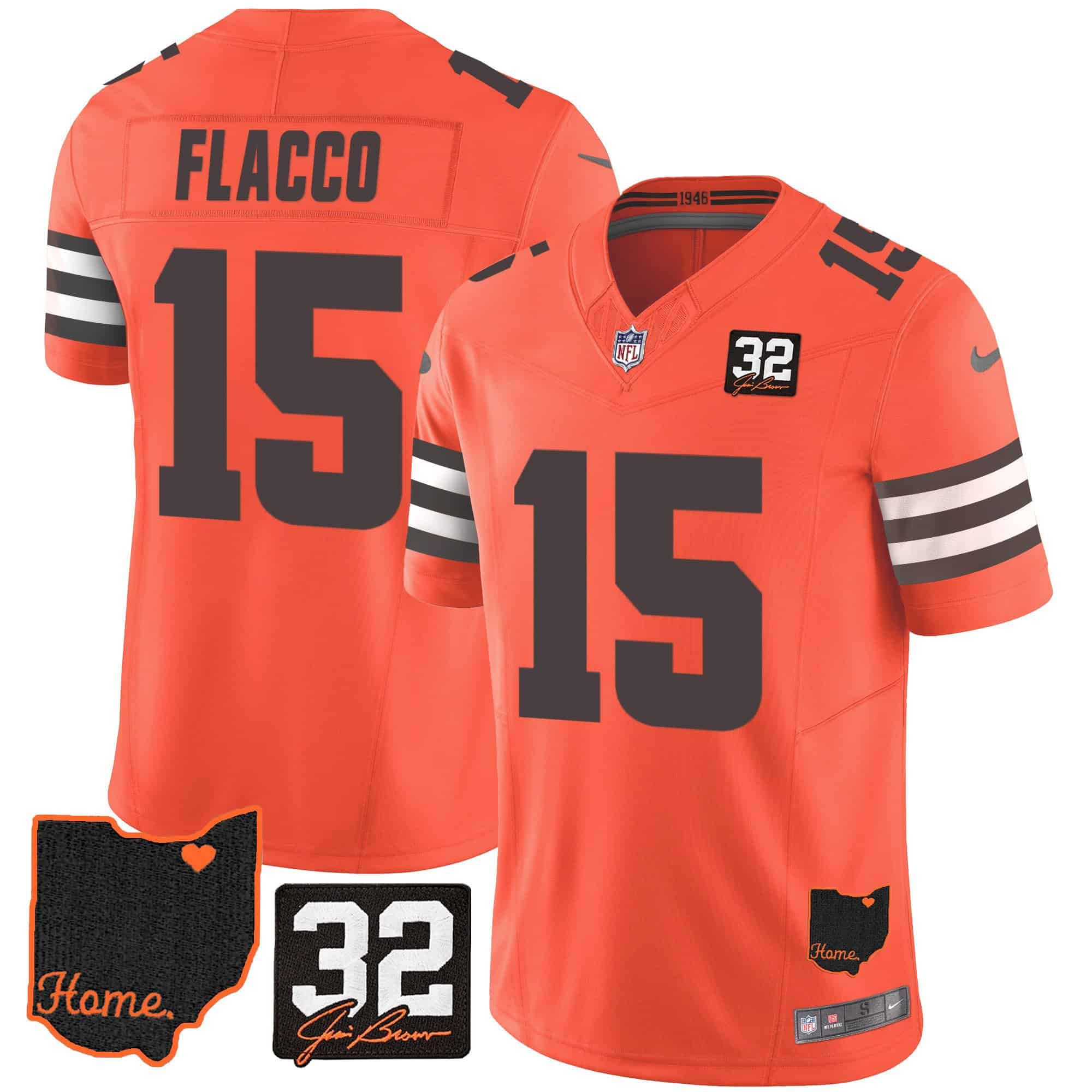 Men Cleveland Browns 15 Flacco Orange Memorial Home Patch 2024 Nike NFL Jersey
